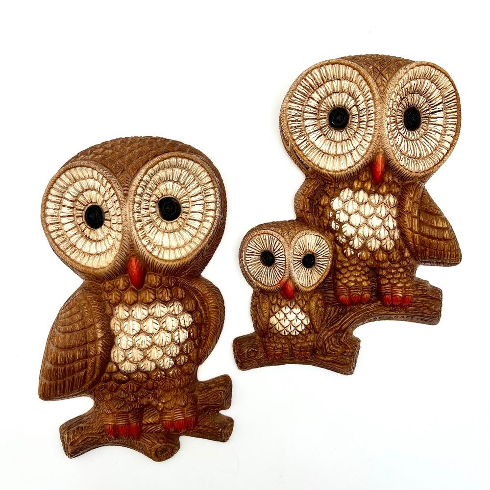 Vintage 1981 Foam Craft Owl Wall Plaques Set 2 Big Eye Retro Kitsch Cabin Decor